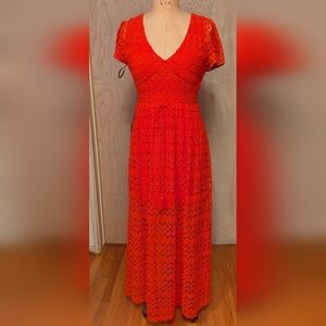 bebe Vibrant Orange Lace Midi Dress